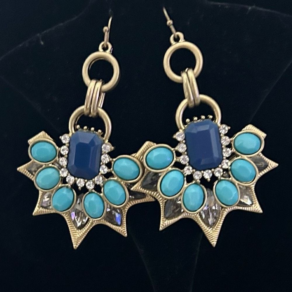 Large Turquoise & Royal Blue Pierced Earrings Rhinestones Crystals 3D Gorgeous